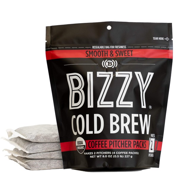 Bizzy Organic Cold Brew Coffee | Smooth & Sweet Blend | Coarse Ground Coffee | Pitcher Packs | 4 Count | Makes 2 Pitchers