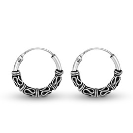 Balinese Interlace Tribal Ornate .925 Silver Hoop Earrings
