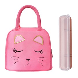 1 Piece Kids Lunch Box, 1 Piece Kids Cutlery Box, Cat Face Lunch Bag for Girls, Portable Pink Lunch Bag, Suitable for Kids School, Picnic
