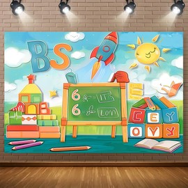 Welcome Back to School Backdrop Chalkboard Pencil Book Classroom Children Student Background Crayon Sun Clouds Blue Background Kindergarten Activity Children's Room Wallpaper Decor (5 * 3ft)