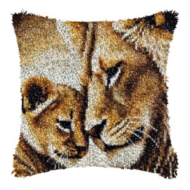 ZFFLYH Lion Latch Hook Pillow Kits for Adults Kids DIY Mother and Child Lion Animal Crochet Yarn Cushion Pre-Printe Handcraft Embroidery Pillowcase for Home Sofa Decoration 17x17in