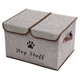 Geyecete Large Storage Boxes - Large Linen Fabric Foldable Storage Cubes Bin Box Containers with Lid and Handles for Dog Apparel & Accessories, Dog Coats, Dog Toys, Dog Clothing(Grey)
