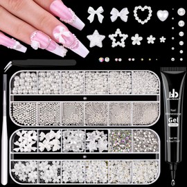 Flatback Pearls and Metal Nail Beads and 3D Flowers with Rhinestones Glue Gel for Nail Art, Nail Rhinestones Round Caviar Beads Bows Heart Star Pearl Nail Charms for Acrylics Nail Tips Manicure Decor
