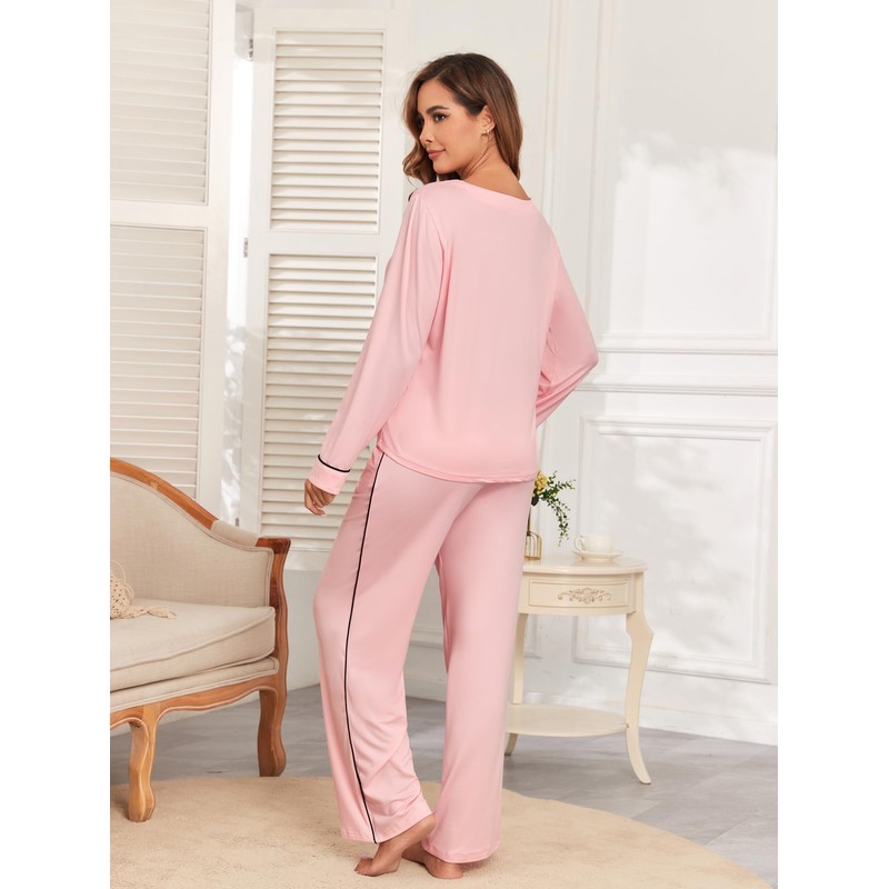 Famulily Ladies Pjs Soft Long Sleeve Contrast Piping Button Down