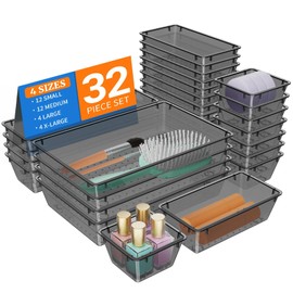 StorMiracle 32 PCS Clear Plastic Drawer Organizer Set, 4-Size vanity organizer Trays and Storage Bins for Makeup, Jewelry and Gadgets in Bedroom, Bathroom and Office, Clear Black