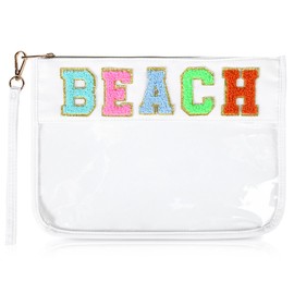 SOIDRAM Beach Bag Chenille Letter Makeup Bag Clear Travel Zipper Nylon Cosmetic Pouch Sunscreen Toiletry Bag Beach essentials summer Travel Gifts for Women