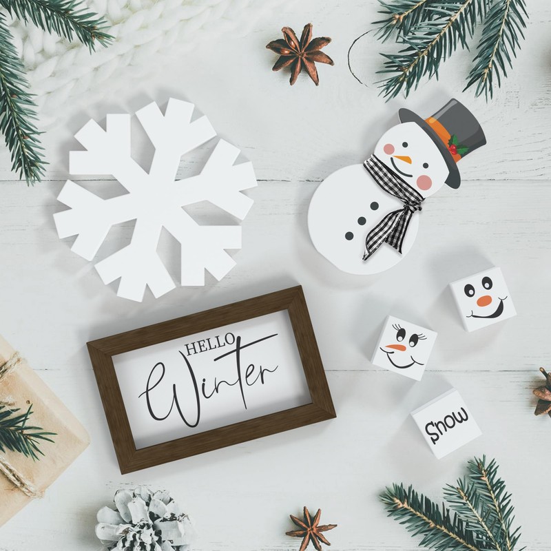 Christmas/Winter Tiered Tray Decor, 6 Pcs Hello Winter Snowflake Snowman