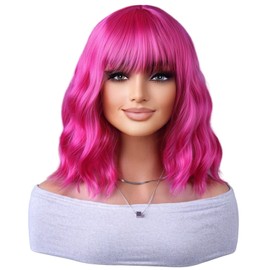ANESHE Short Hot Pink Bob Wavy Wig for Women 14 Inches Short Curly Neon Pink Wigs with Bangs Shoulder Length Magenta Colored Wigs for Cosplay Party