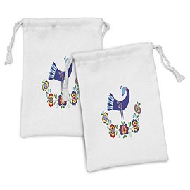 Ambesonne Folkloric Fabric Pouch Set of 2, Ukrainian Culture Inspired Floral Motif with Peacock and Abstract Flowers, Small Drawstring Bag for Toiletries Masks and Favors, 9" x 6", Multicolor