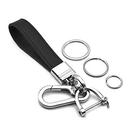 Multifunctional Car and Home Keychain Black Genuine Leather Key Chain and Metal Key Rings for Men Women, with 360 Degree Rotatable Snap Swivel and Anti-lost Screw