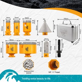 EXFEIN Tile Hole Saw Kit 8pcs - Diamond Core Drill Bits Set (19/25/35/50/75mm) & SDS Adapter for Tile Porcelain Ceramic Marble Granite with 20mm Diamond Finger Bit and 50mm Chamfer Bit Trimming Holes