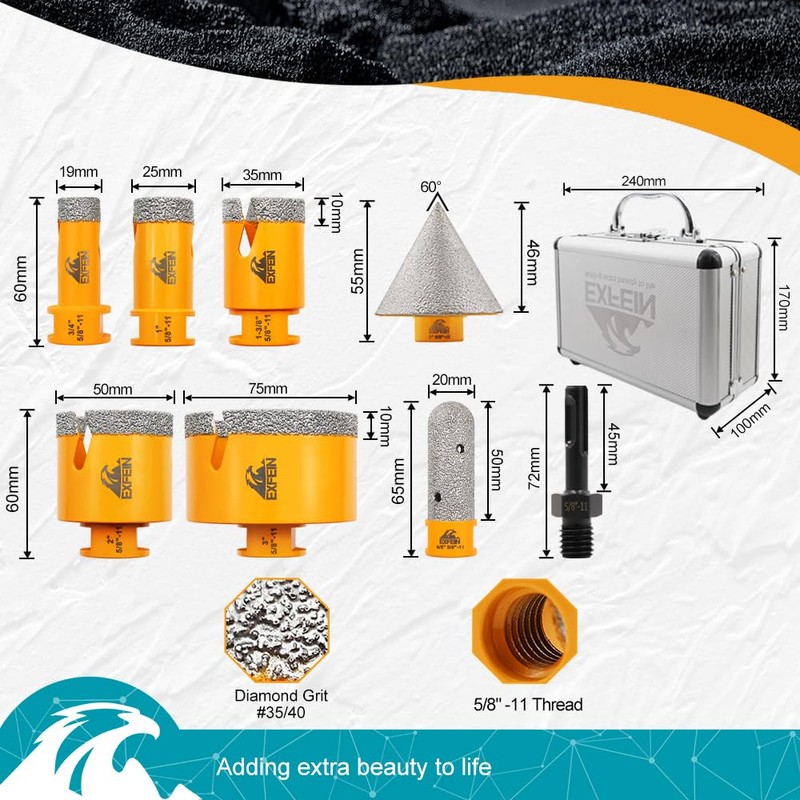 EXFEIN Tile Hole Saw Kit 8pcs - Diamond Core Drill