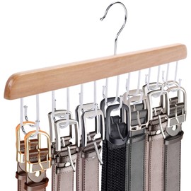 JOHOUSE Belt Organizer for Closet Max 42 Belts, Wooden Sports Bra Hanger Tie Rack with 14 Hooks for Men Women Tank Top, Scarf Closet Storage
