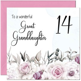 14th Great Granddaughters Birthday Card - Floral Elegant Birthday Card for 14 Year old teenage Kids fourteen, fourteenth