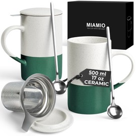 MIAMIO - Tea Cup Set 2 x 500 ml with Infuser and Lid/Ceramic Tea Mug with Infuser and Spoon for Steeping Loose Leaf Tea, Gifts for Tea Lovers - Microwave & Dishwasher Safe (Dark Green)