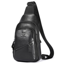 Hebetag Leather Sling Bag Hiking Daypack for Men Women Outdoor Travel Camping Fishing Crossbody Shoulder Chest Pack Backpack (Black)