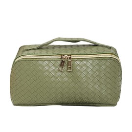 PU Makeup Bag, Large Capacity Travel Make Up Bag, Waterproof Portable Toiletry Bag with Divider and Handle Flat Lay Black Make up Organizer Travel Essentials (Green)