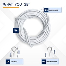 Dikots Net Curtain Wire and Hooks Set - 3 Meter Curtain wire kit with 4 Eyes & 4 Hooks - A multipurpose wire suitable for net curtains for windows - Durable wire set for window net curtain