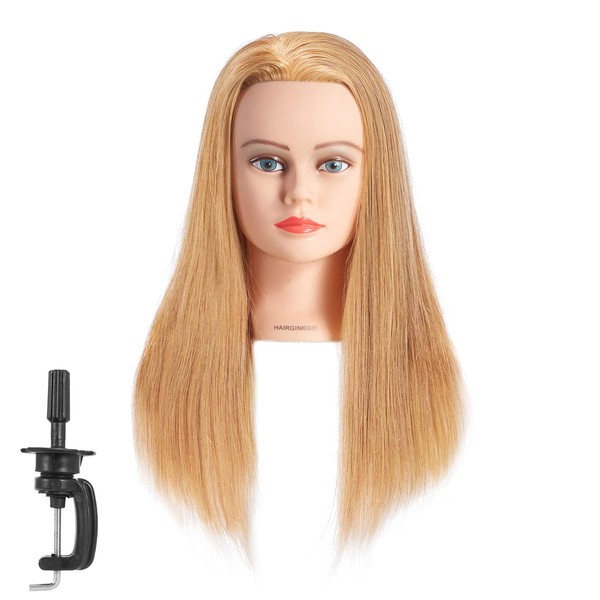 Hairginkgo Mannequin Head 20"-22" 100% Human Hair Manikin Head Hairdresser Training Head Cosmetology Doll Head for Styling Dye Cutting Braiding Practice with Clamp Stand (91812W2714)