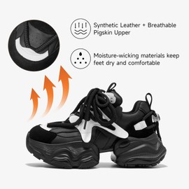 BEAU TODAY Chunky Sneakers for Women，Womens Fashion Sneakers, Lace Up Platform Comfortable Leather Dad Shoes for Women Black-White US 7