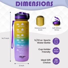GMP.STAR 1L Water Bottle - Leak Proof with Quick Open Lid and Time Markings - 100% BPA Free - Motivational Gym, Travel, Sports for Adults, Kids (yellow,blue,purple)
