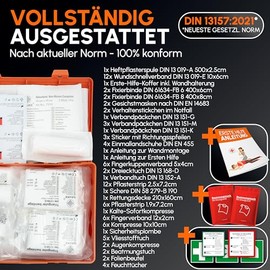 Erste Hilfe Kasten nach neuer DIN 13157:2021 inkl. Wandhalterung & Aufklebern|Universal Erste Hilfe Koffer f√ºr Betrieb, Haushalt oder Gastronomie - B√ºro Verbandskasten gef√ºllt, Sanikasten