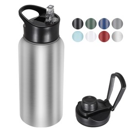 VQRRCKI 32 oz Insulated Water Bottle with Straw Lid & Wide Mouth Lids, Stainless Steel Sports Water Bottles, Double Walled Vacuum, Leak Proof, Stainless Steel