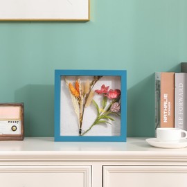 Muzilife 8x8 Shadow Box Picture Frame with Linen Board - Deep Wood & Glass Display Case to Hang Memory Box Baby Sports Memorabilia, Pins, Awards, Medals, Wedding, Tickets and Photos, Teal