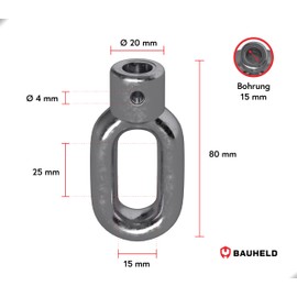BAUHELD® Awning Eyelet Metal [Made in Germany] – Bracket for Awning Crank with Butcher Hook [Oval] – Crank Eye Made of High-Quality Die-Cast Zinc – Bore 15 mm – Cross Bore 4 mm – Height 80 mm