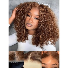 ISEE M-Cap Kinky Curly Wear Go Glueless Wigs Human Hair Pre Plucked Pre Cut Bleached Knots 9x6 HD Lace Glueless Human Hair Wigs For Women (Highlight Ombre, 12 Inch)