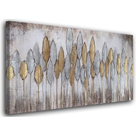 Acocifi Grey Abstract Leaf Painting Living Room Fall Wall Decoration Bedroom Wall Art Large Gold Silver Canvas Textured Picture, Boho Aesthetic Artwork Framed for Bathroom Kitchen Office Home Decor 58"x29"