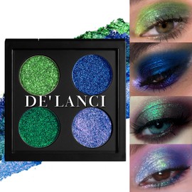 DE'LANCI Multichrome Glitter Eyeshadow Highly Pigmented, Blue Green Purple Metallic Chameleon Eye Shadow, Glitter Shimmer Eye Make-Up, Waterproof, No Wrinkles, Talc Free, 4 Colours
