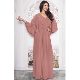 KOH KOH Plus Size Womens Long V-Neck Elegant Batwing Cape Sleeve Semi Formal Evening Modest Bridal Party Cocktail Wedding Guest Bridesmaid Maxi Dress Dresses Gown Gowns, Cinnamon Rose Pink 2XL 18-20