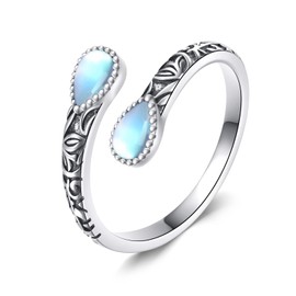 JERWLI Moonstone Ring 925 Sterling Silver Open Ring Adjustable June Birthstone Ring Christmas Valentine's Day Mother's Day gifts for Women