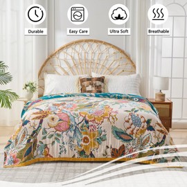 ERZVND Boho Throw Blanket for Bed, Double Sided Floral Decorated Bohemian Couch Blanket, Lightweight Breathable 100% Cotton Throw Blanket,Room, Farmhouse, Bed Decor (Happiness,50"x60")