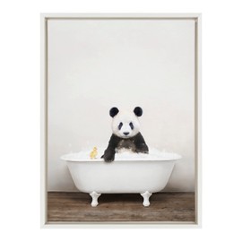 Kate and Laurel Sylvie Panda Waving in Rustic Bath Framed Canvas Wall Art by Amy Peterson Art Studio; 18x24 White; Modern Fun Decorative Bathtub Wall Art for Home Décor