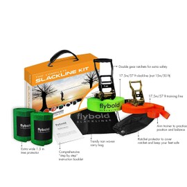 flybold Slackline Kit for Kids and Adults - 57 ft Balance Rope with Training Line, Tree Protectors, Arm Trainer, Ratchet Cover, and Carry Bag - Ideal for Tightrope Walking and Slackline Zipline