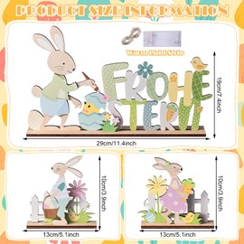 LETTERASHQP Pack of 3 Easter Bunny Decoration Made of Wood, Decorative Stand for Easter, Easter Bunny Pair with Colourful Flower, Bunny Desktop Indoor Outdoor Rustic Easter Spring Decoration