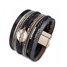 Multilayer Bohemian PU Leather Wrap Bracelet Bangle Evil Eye Infinity Crystal Rhinestone Bead Heart Wristband Bracelet for Women Men Boho Cuff Jewelry Gift-J black