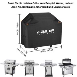 Ezilif weatherproof barbecue cover, 210D oxford fabric gas barbecue cover with reflective strips, protective cover for Brinkmann, Char Broil, Weber and Jenn Air (147 cm x 61 cm x 117 cm)