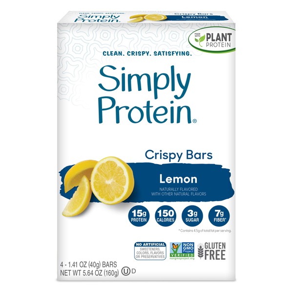 SimplyProtein Crispy Bars. Clean and Light Crispy Bars with Plant Based Protein (Lemon, 8 Pack).