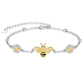 KINGWHYTE Bee Bracelet 925 Sterling Silver Daisy Bracelets Gold-Plated Bee with Flower Bracelets Animal Jewellery Gift for Women Girls Girlfriend, Cubic Zirconia Sterling Silver, Cubic Zirconia