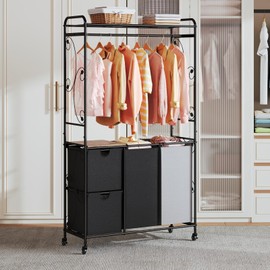 HavenlyYouth Laundry Sorters with Baskets for Organization and Storage, 2 Tier Rolling cart with 2 Section Pull-Out Bags & 2 Tier Storage Shelf, Laundry Hamper with Shelve for Drying Room Bathroom