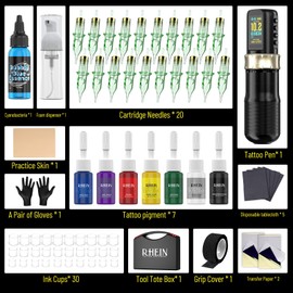 New Tattoo Gun Kit Rechargeable - Wireless Tattoo Machine with 1800mAh Battery，20 Needles, 7 Ink Colors, 30 Ink Cups Full Tattoo Supplies for Beginners & Artists