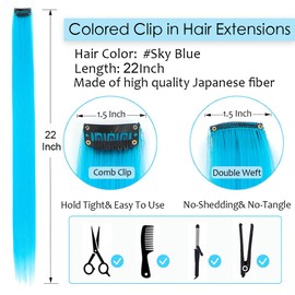 12PCS Sky Blue Hair Extensions Clip In 22Inches Straight Colored Hair Extensions For Kids Girls Colorful Highlights For Parties Gifts(Sky Blue)