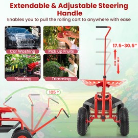 Giantex Garden Work Seat with Wheels, 360 Degree Swivel Gardening Workseat with Storage Basket, Adjustable Height, Steering Handle, Outdoor Garden Stool Cart for Planting Trimming (Red)