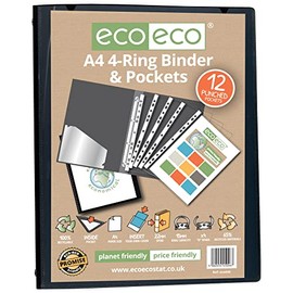 eco-eco A4 65% Recycled Presentation 4 Ring Binder with 12 Multi Punched Pockets Black, eco046