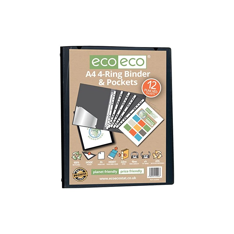 eco-eco A4 65% Recycled Presentation 4 Ring Binder with 12