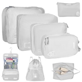 8 Set Expandable Compression Packing Cubes for Suitcases Travel Essentials Carry On Waterproof Storage Bag With Dry And Wet Separation Silvery