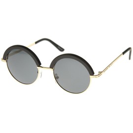 zeroUV Mod Fashion Oversize Half-Frame Brow Eyelid Round Sunglasses 50mm (Matte Black-Gold/Smoke)